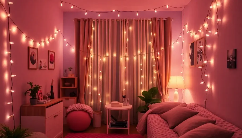 Kawaii room with fairy lights lighting setup