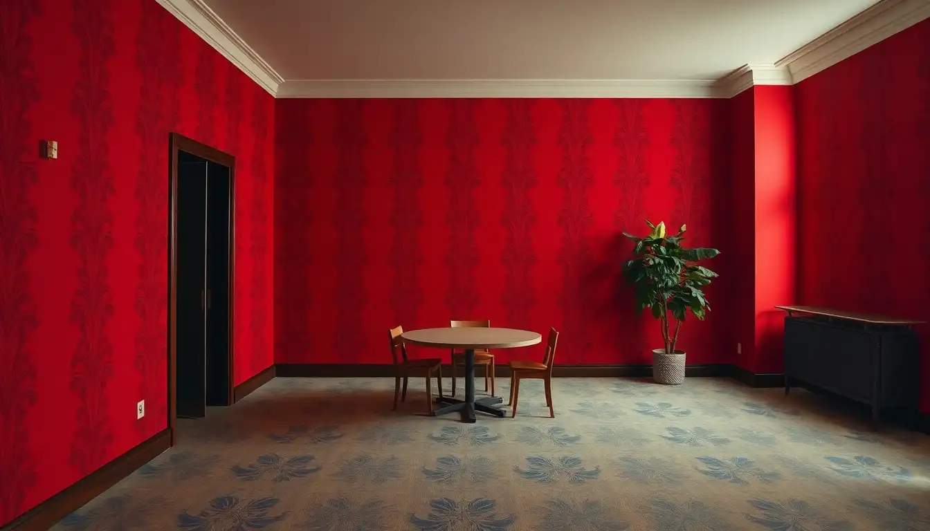 3. Bold Walls: Red Paint and Wallpaper
