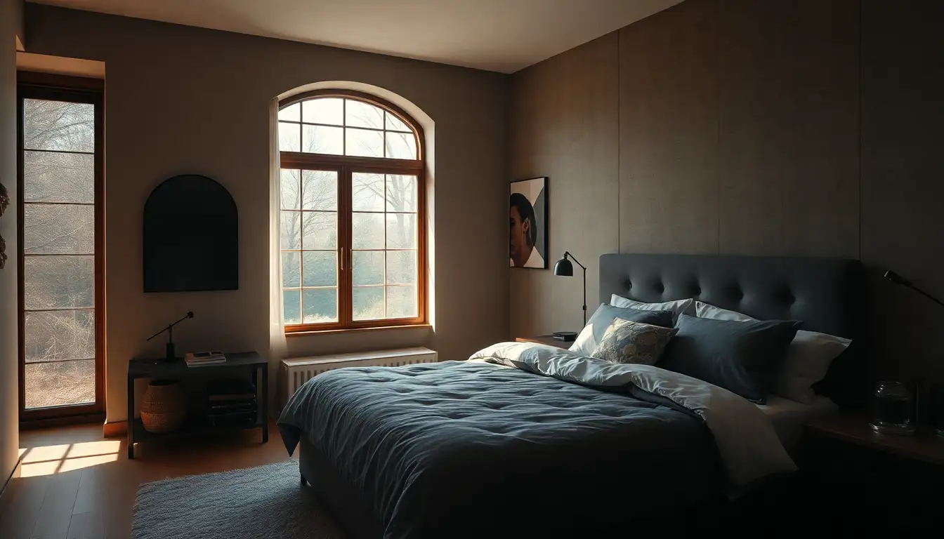 A professional Commercial style photograph showcasing 7 ideas for a stunning dark bedroom designed for a aesthetic dark bedroom setting.