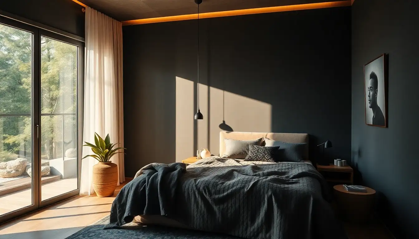 A professional Commercial style photograph showcasing best accent pieces for dark bedrooms designed for a aesthetic dark bedroom setting.