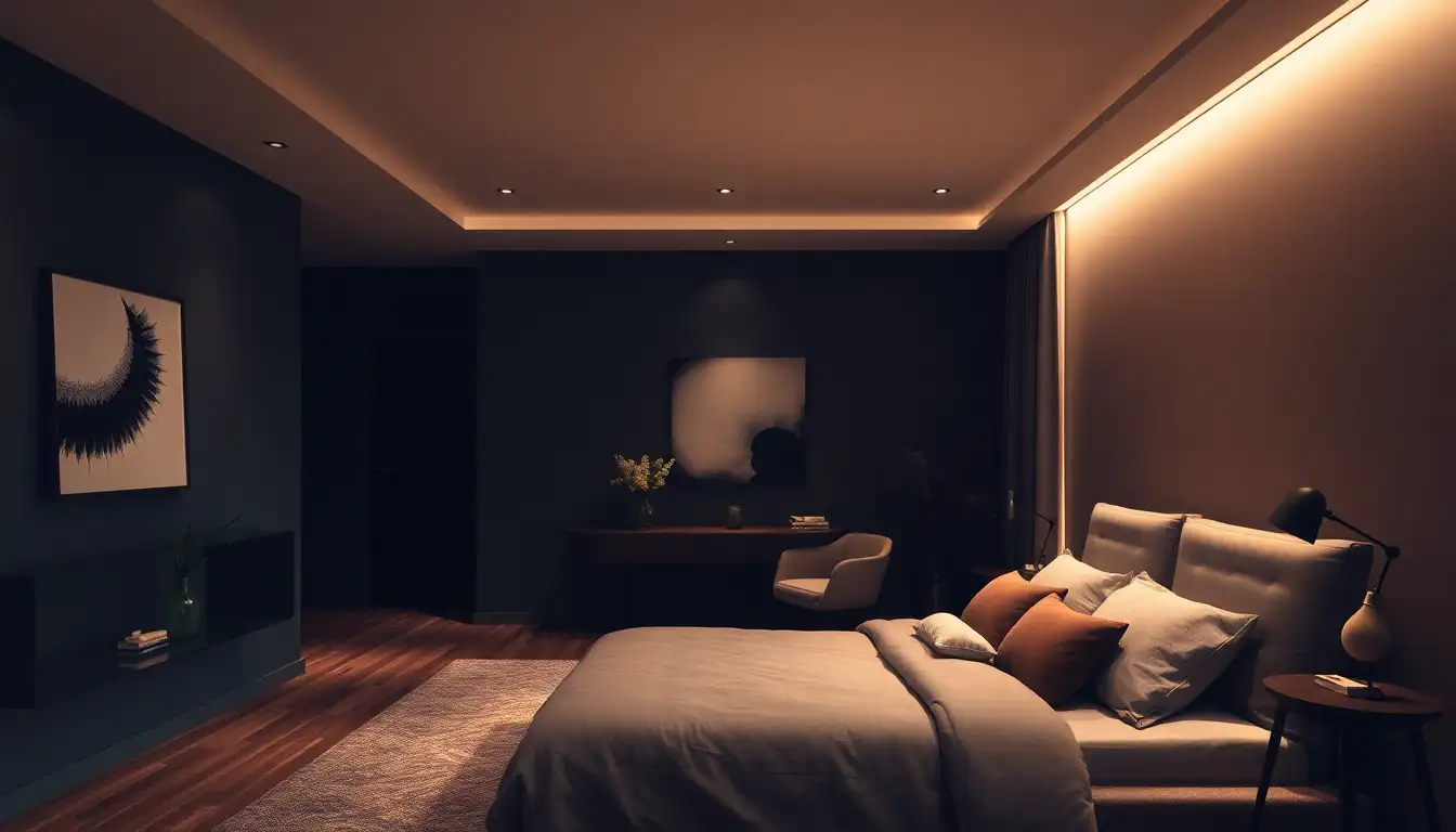 A professional Commercial style photograph showcasing creating a cozy atmosphere designed for a aesthetic dark bedroom setting.