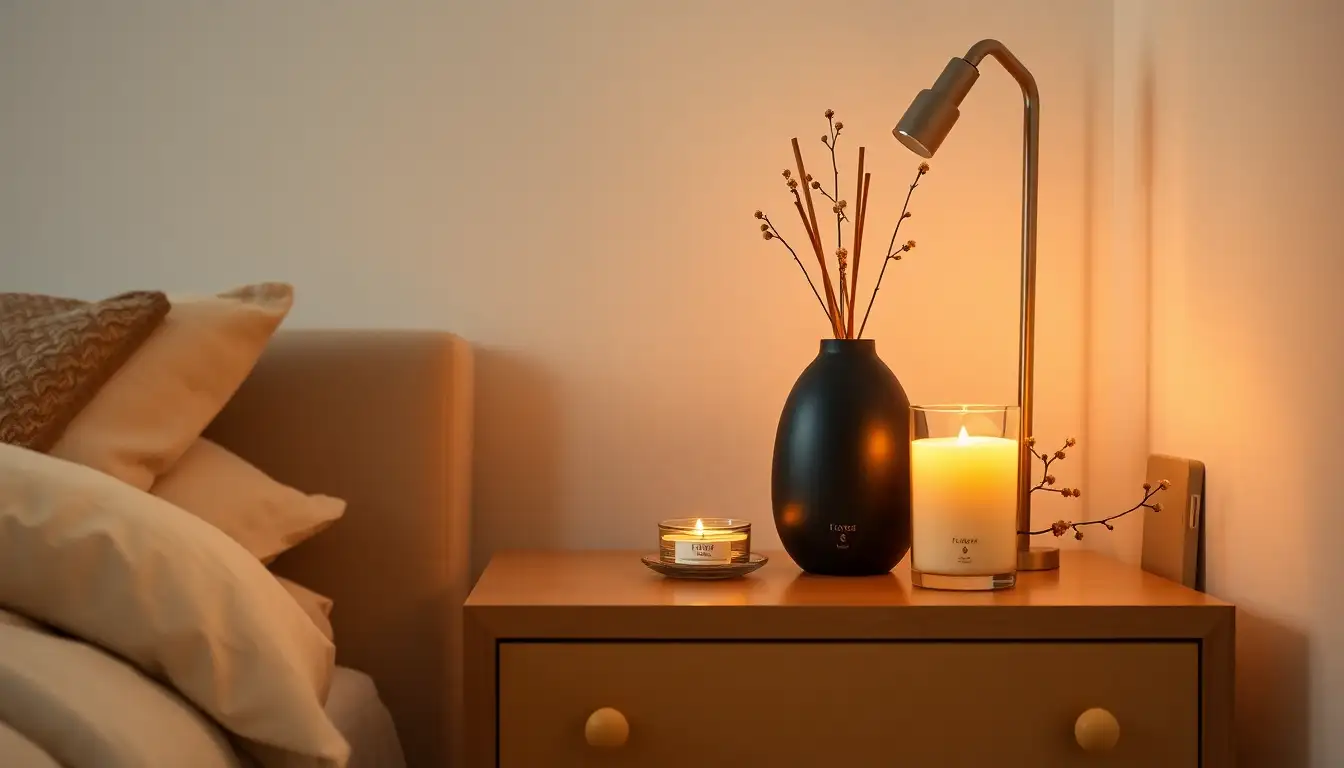 Aesthetic candles and diffuser on a bedroom nightstand for atmospheric scent