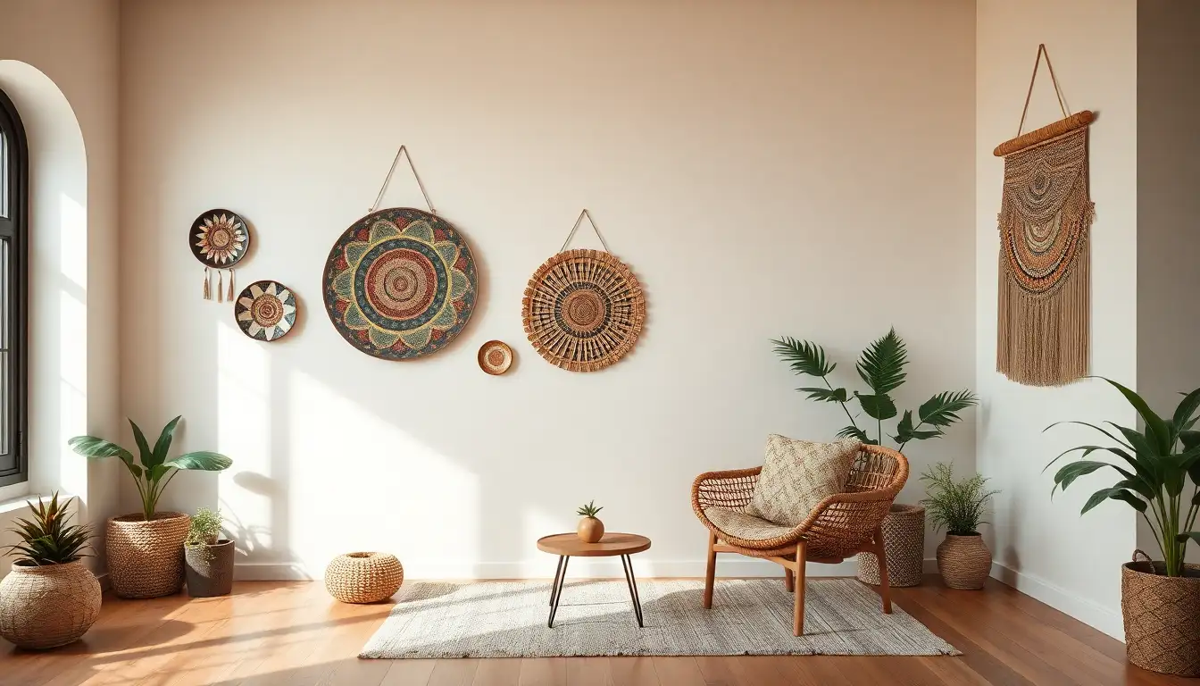 Artisanal decor in the form of hand-painted plates and woven wall hangings