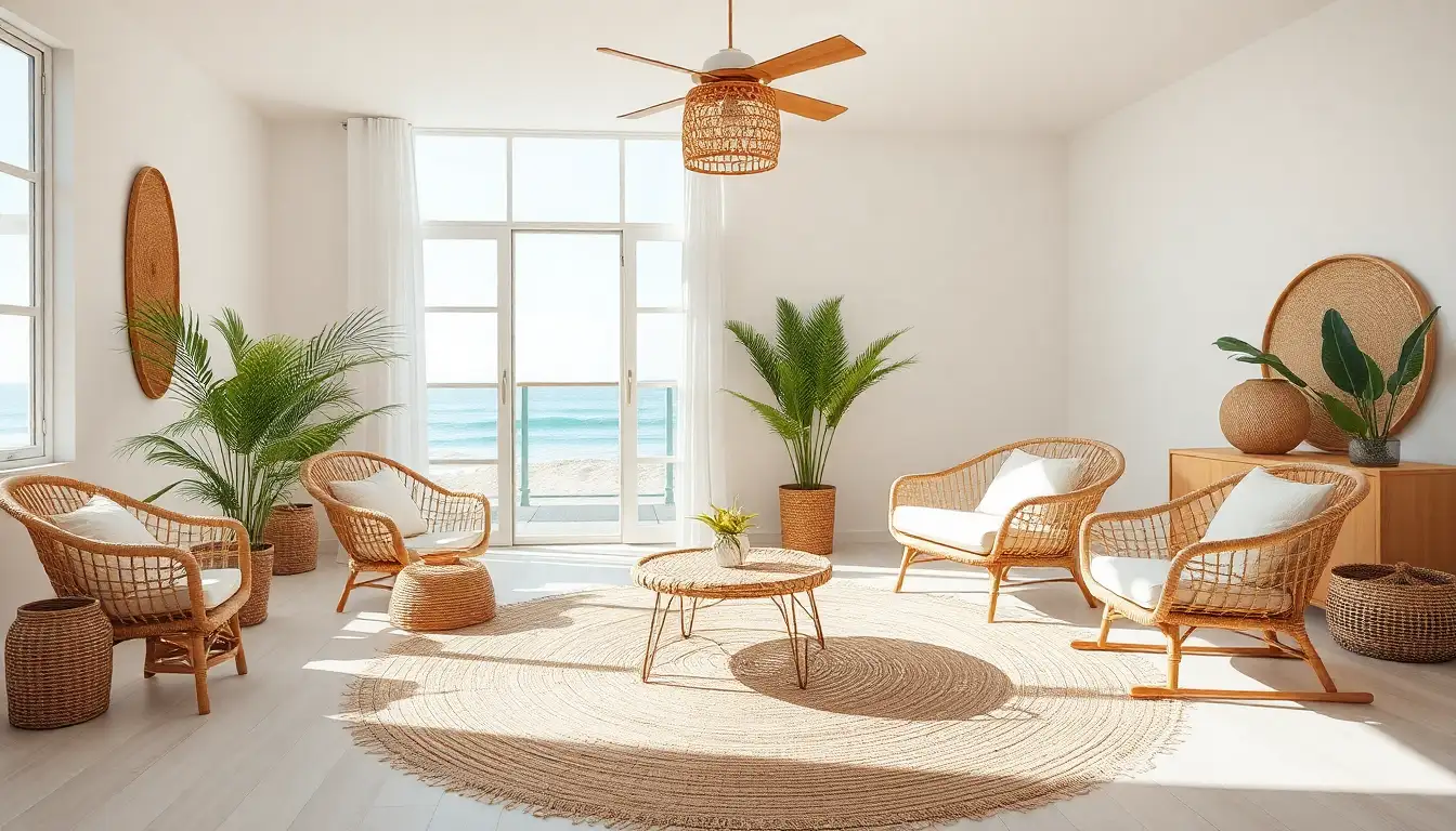 Beach aesthetic room with rattan furniture and jute rug