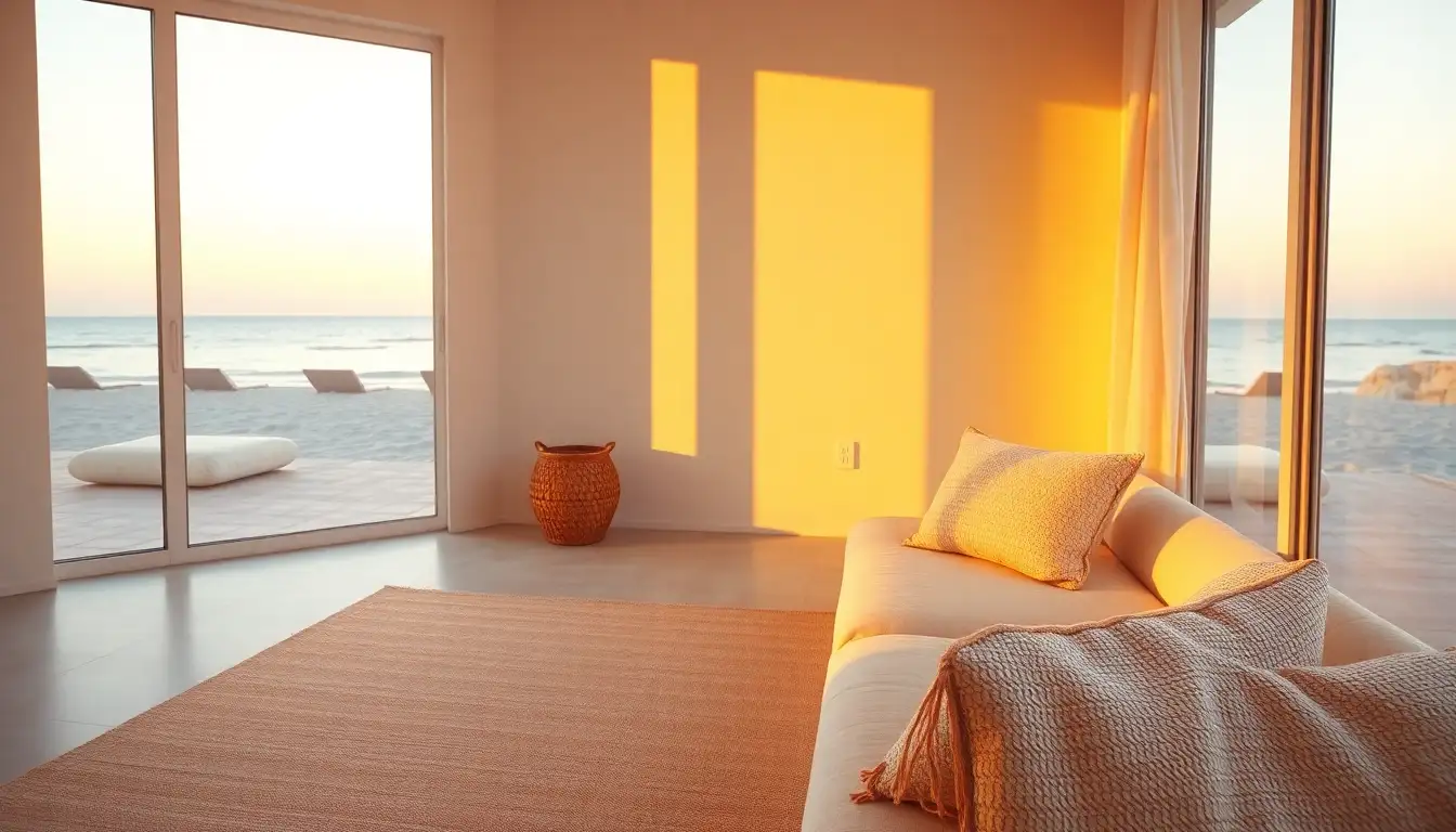 Beach aesthetic room with warm glow lighting and textured pillows
