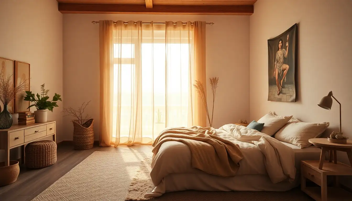 Bedroom with chill aesthetic and layered textiles