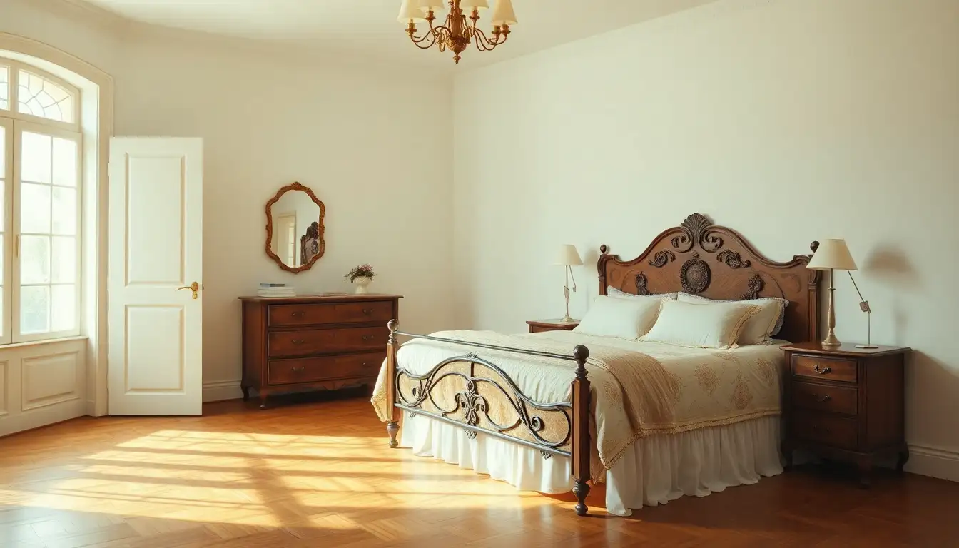 Bedroom with vintage bedding and antique dresser, creating a vintage room aesthetic