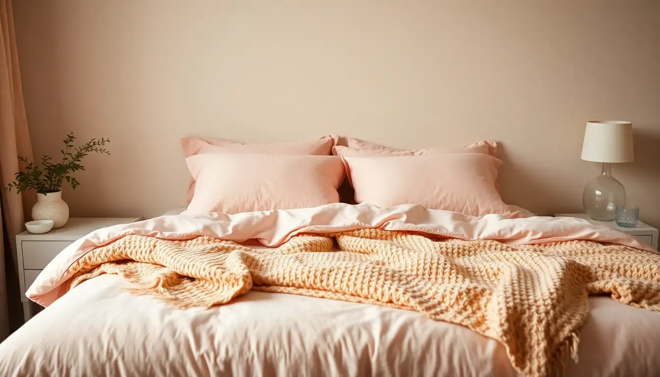 Blush bedding with cozy waffle throw blanket.