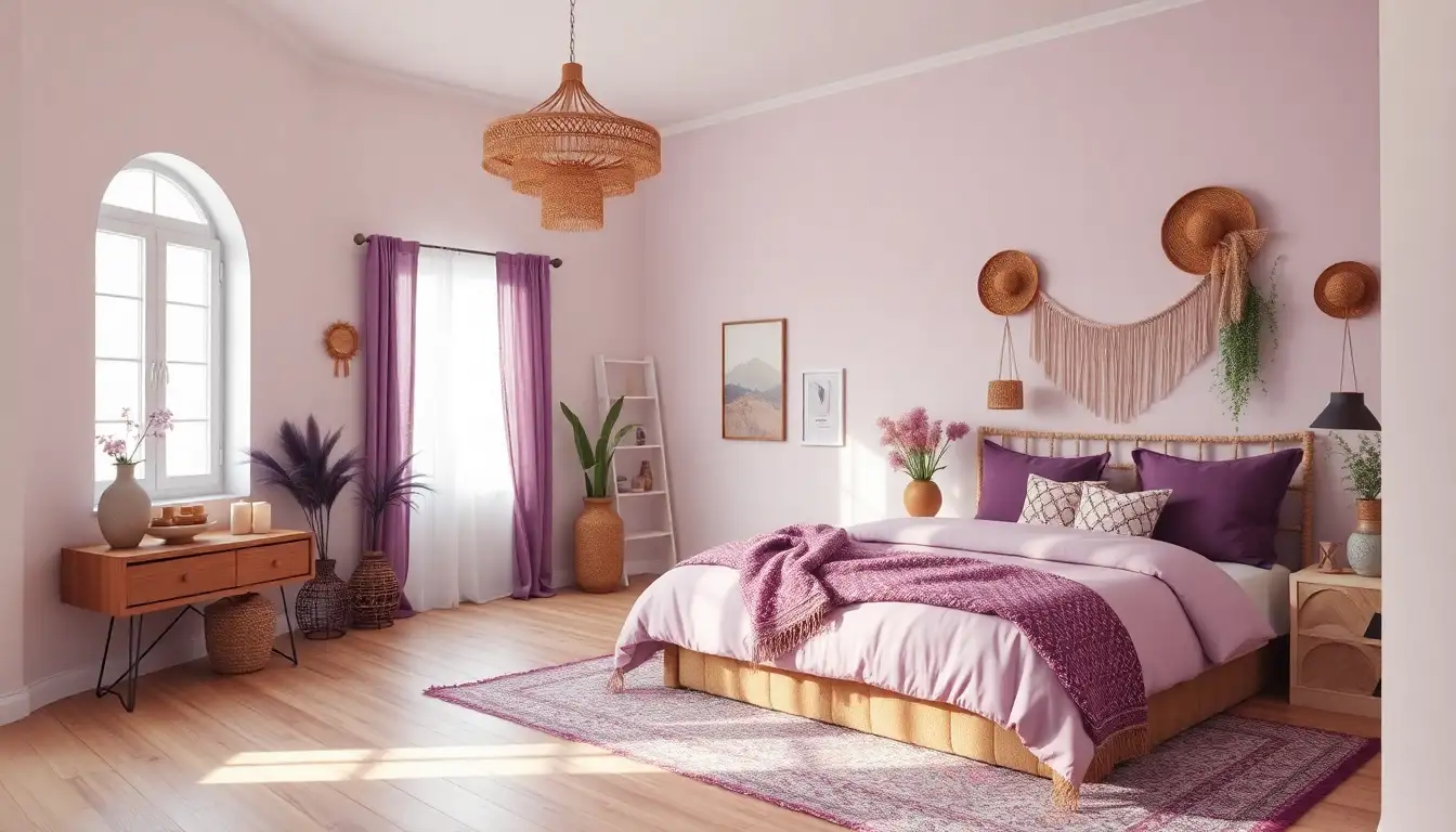 Bohemian bedroom with purple accents and layered textures