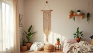 Bohemian dorm room with macramé and plants