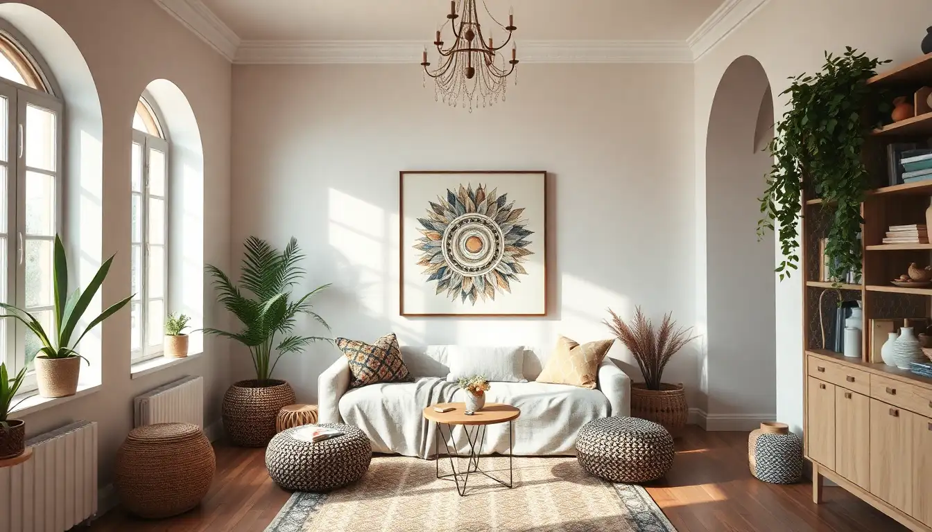 Boho room with statement wall art and soft lighting.