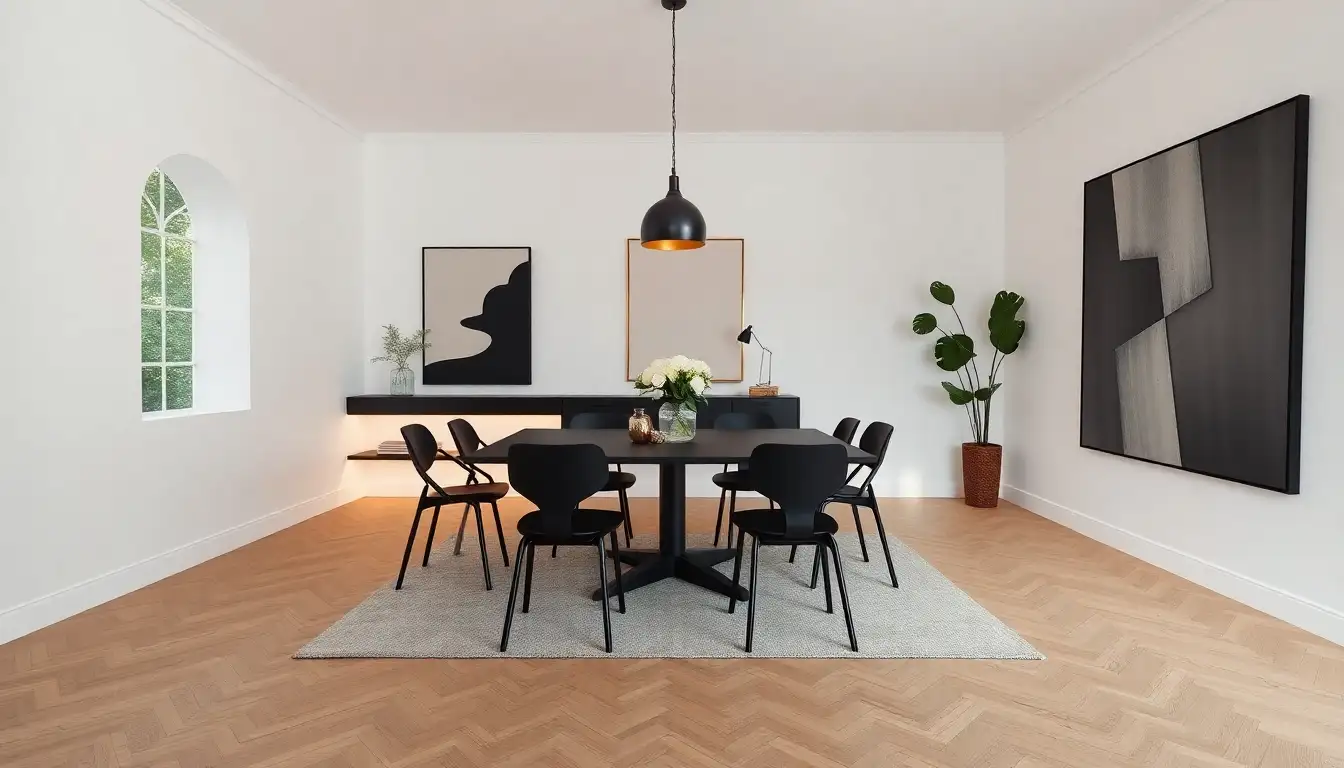 Bold black dining room with modern elements