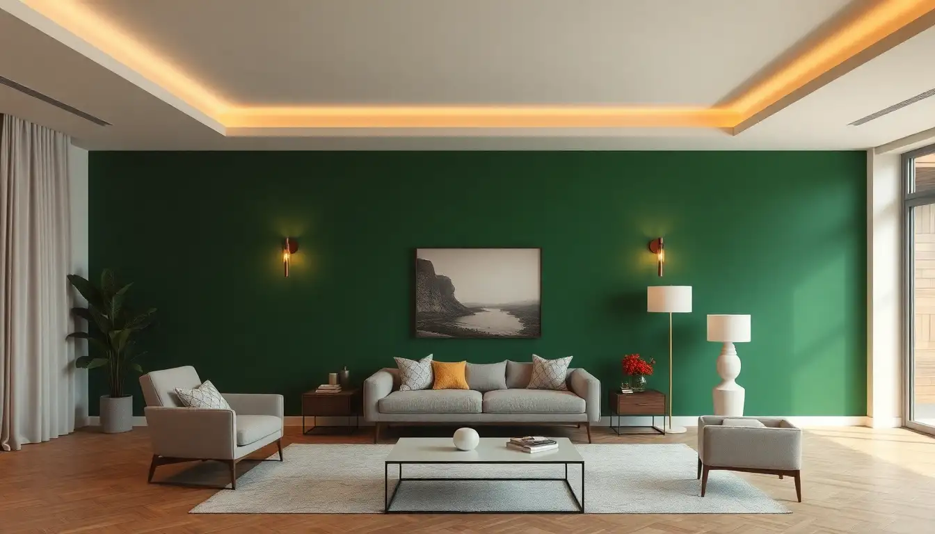Bold forest green accent wall in modern living room
