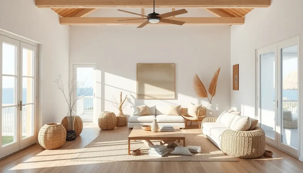 Bright coastal-theme room with natural light and driftwood accents