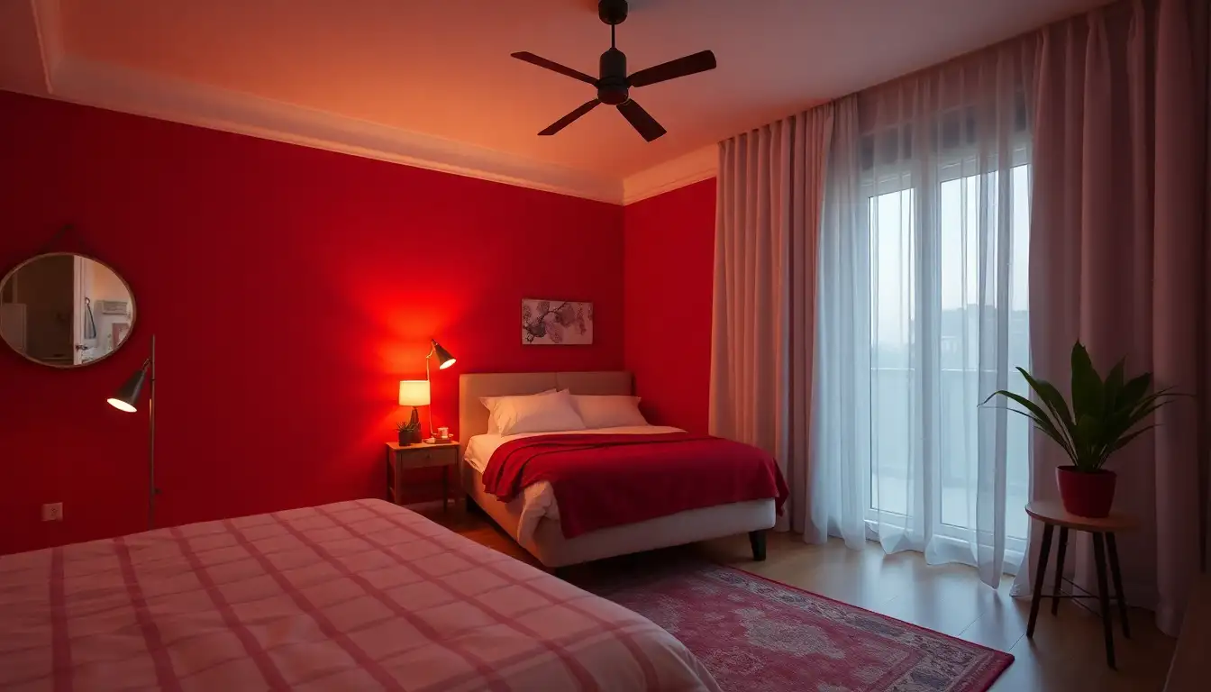 Charming red bedroom with modern lighting, evening glow
