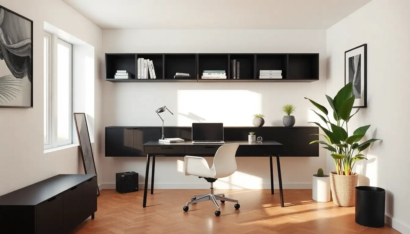 Chic home office setup in black and white