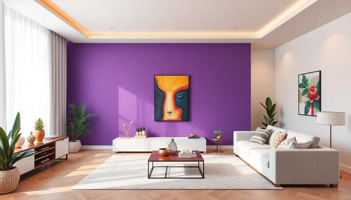 Chic living room with purple accent wall