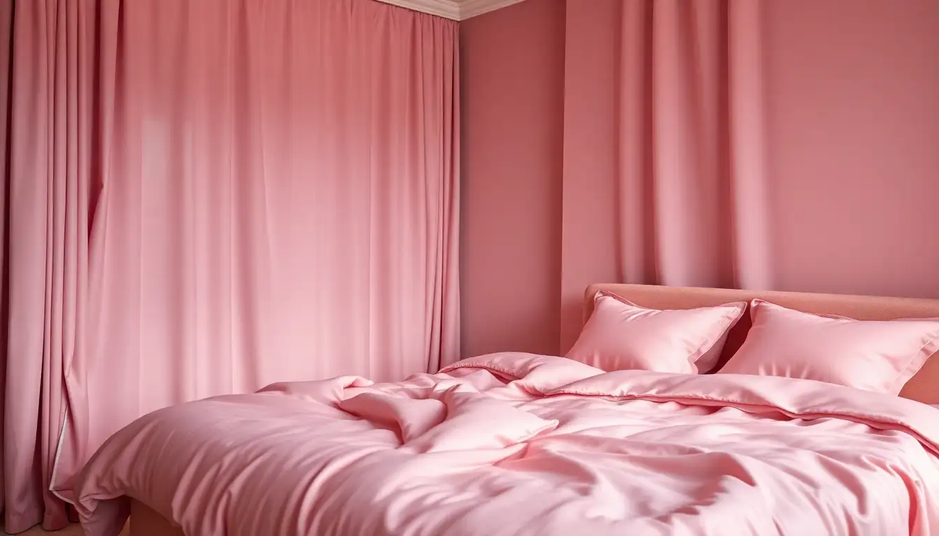 Chic pink bedroom with velvet and silk textures.