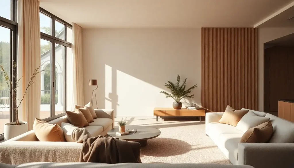 Chill aesthetic living room with plush textiles and neutral colors