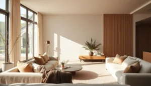 Chill aesthetic living room with plush textiles and neutral colors