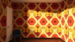 Colorful 1980s geometric pattern wallpaper close-up