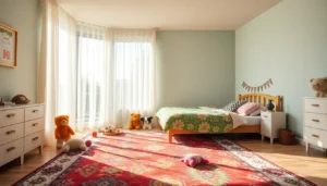 Colorful kidcore bedroom with mixed patterns and toys