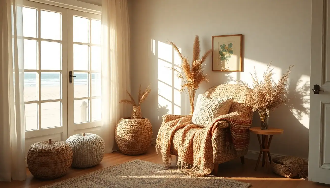Cozy beach aesthetic nook with warm throws