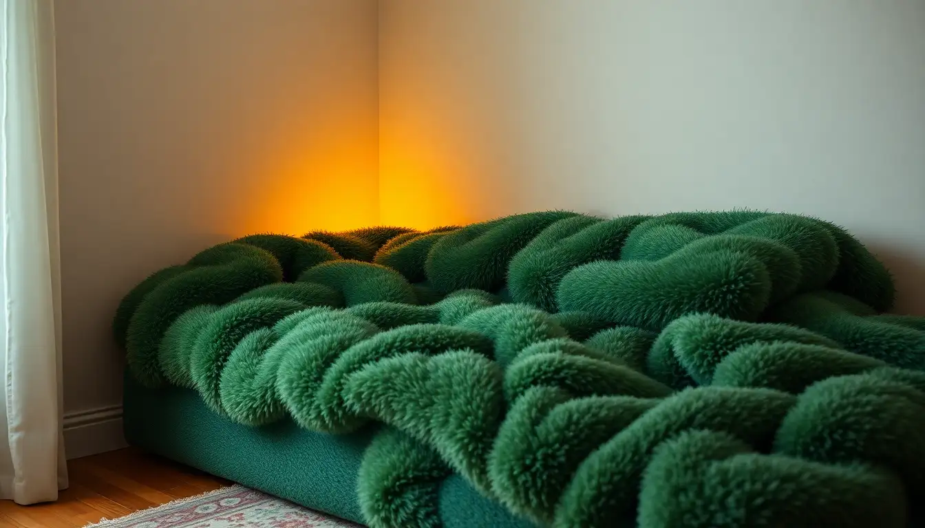 Cozy green corner with plush blankets