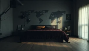 Cozy grunge bedroom with dark velvet bedspread