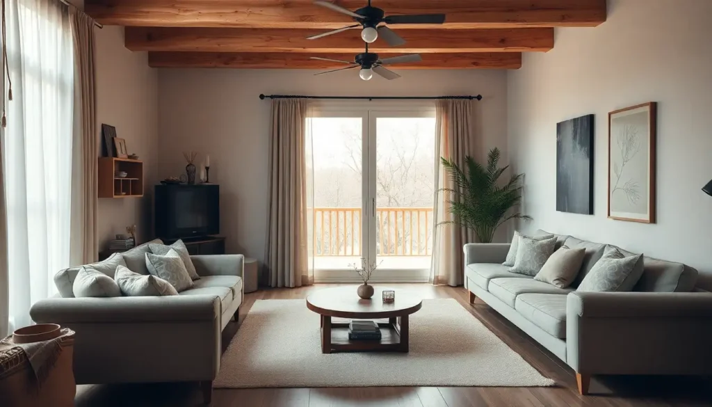 Cozy living room with neutral colors and wooden furniture embodying an earthy room style