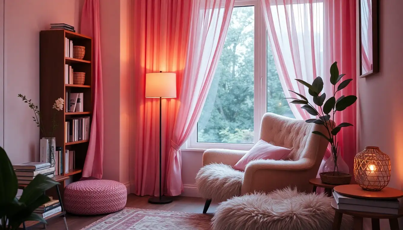 Cozy reading nook with pink accents.