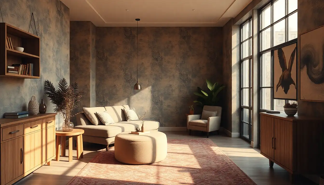 Cozy seating corner with grunge patterns and lighting