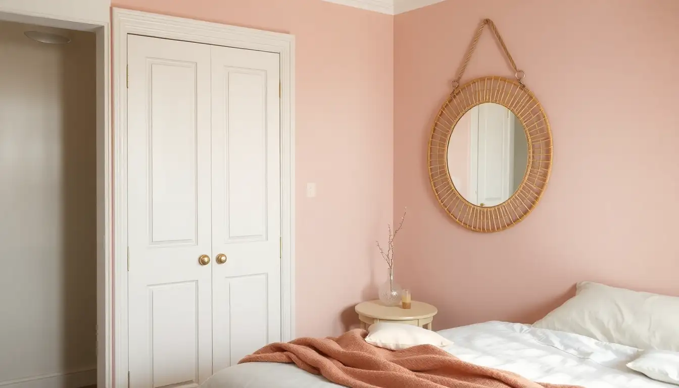 7 Danish Pastel Bedroom Ideas for a Serene Space 7 Danish pastel bedroom corner with a round rattan mirror