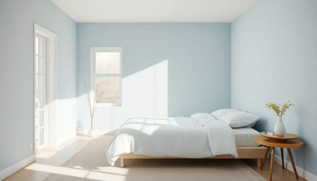 Danish pastel bedroom with soft blue walls and minimalist decor