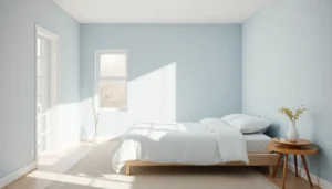 Danish pastel bedroom with soft blue walls and minimalist decor