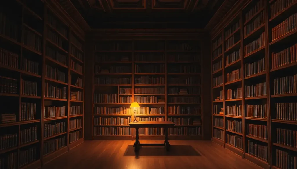 Dark academia library with wooden shelves and a warm desk lamp