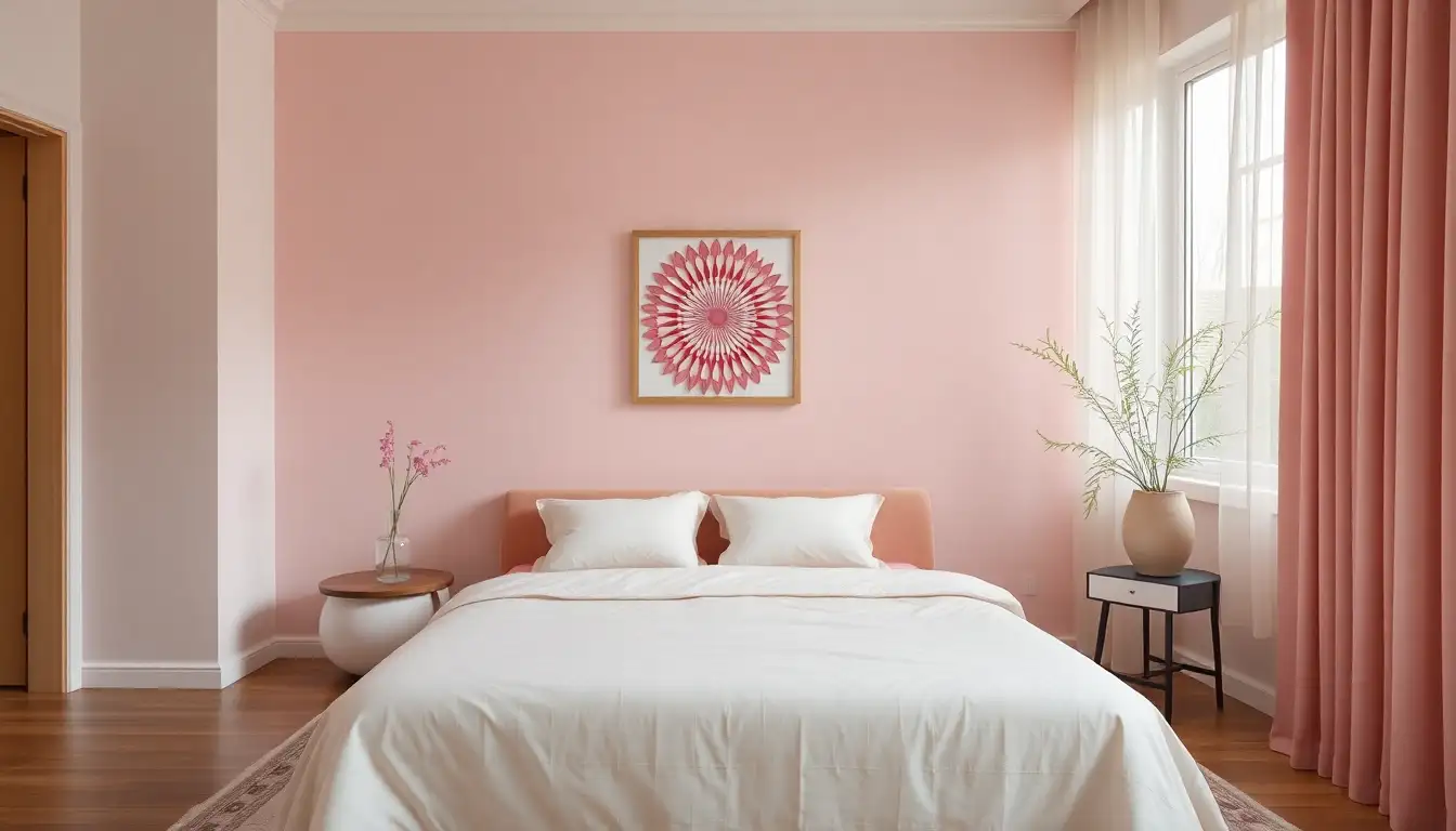 Decorative pink wall art in bedroom.