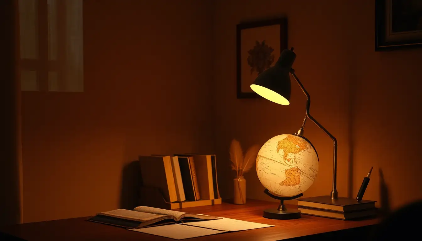 7 Irresistible Dark Academia Aesthetic Room Ideas for That Scholarly Vibe 3 Desk with globe and quills in dim light