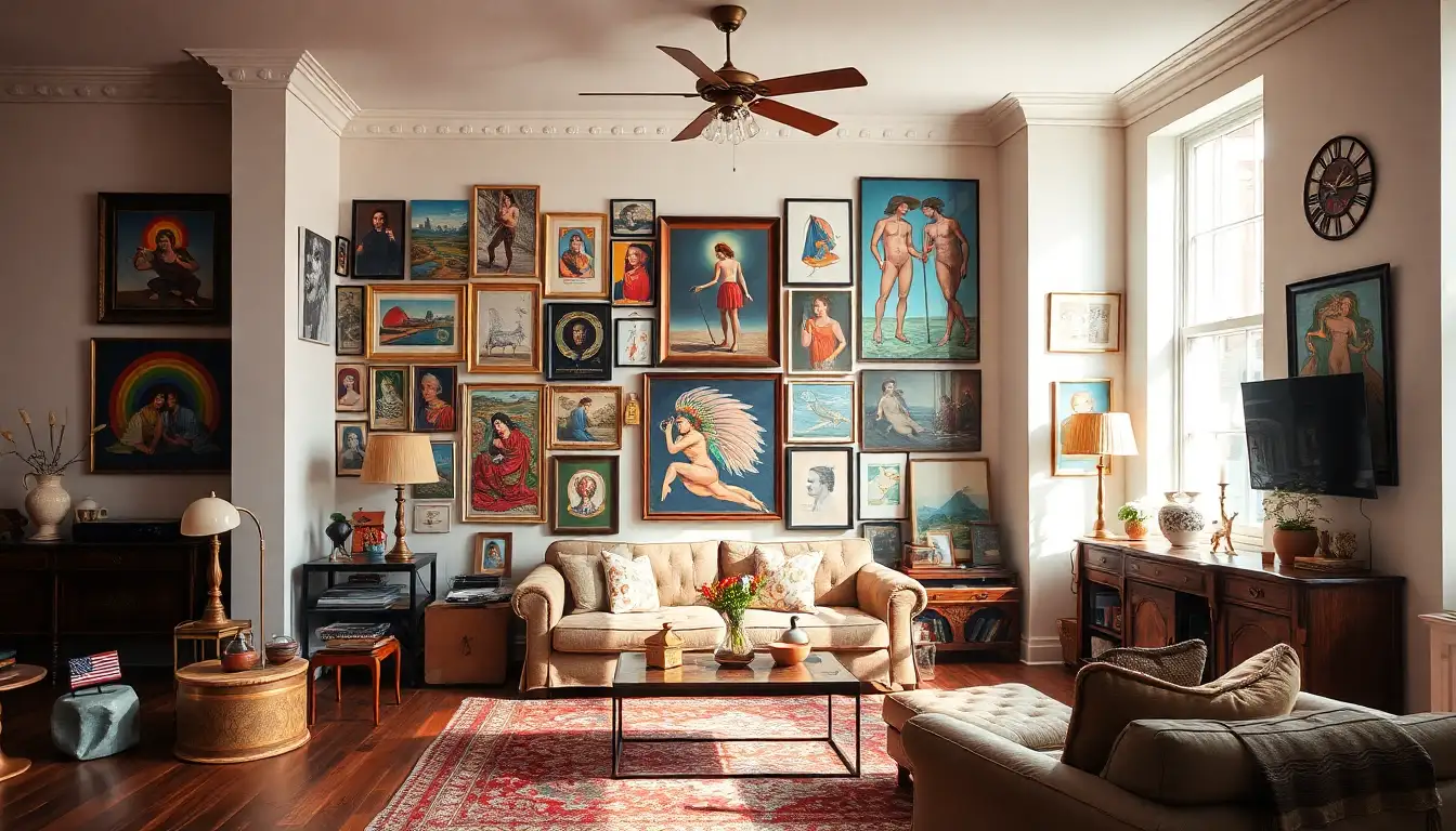 Eccentric gallery wall in vintage living room, showcasing vibrant vintage room aesthetic