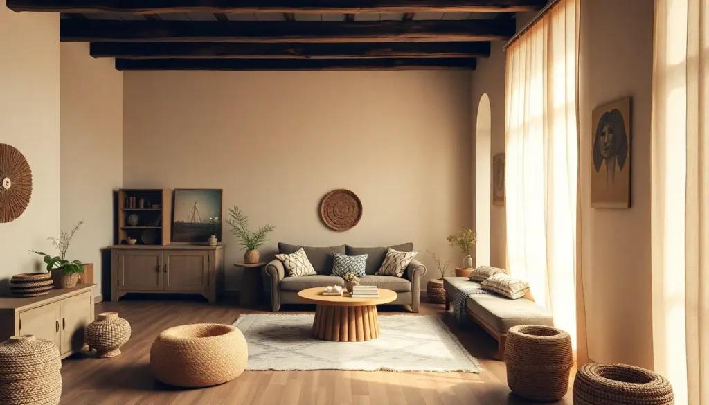 Eclectic boho room with earthy tones and natural elements.