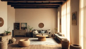 Eclectic boho room with earthy tones and natural elements.