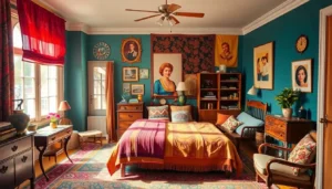 Eclectic maximalist bedroom with colorful decor