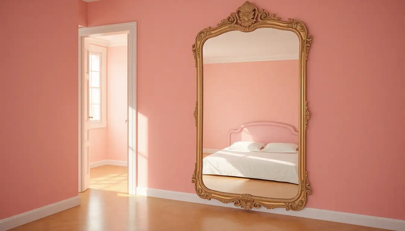 Elegant mirror reflecting pink bedroom.
