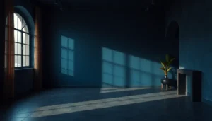 Emo room with dark blue walls and black accents