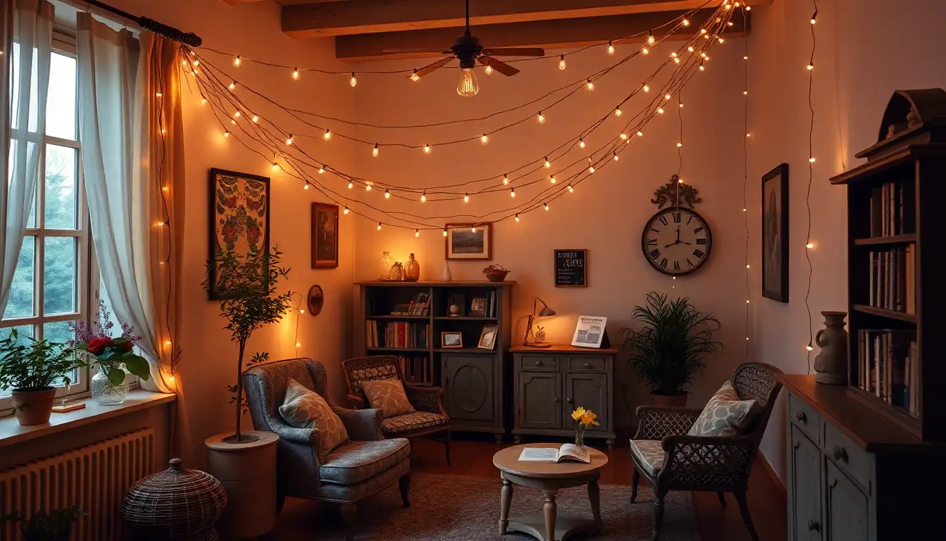 Fairy lights in cozy reading nook