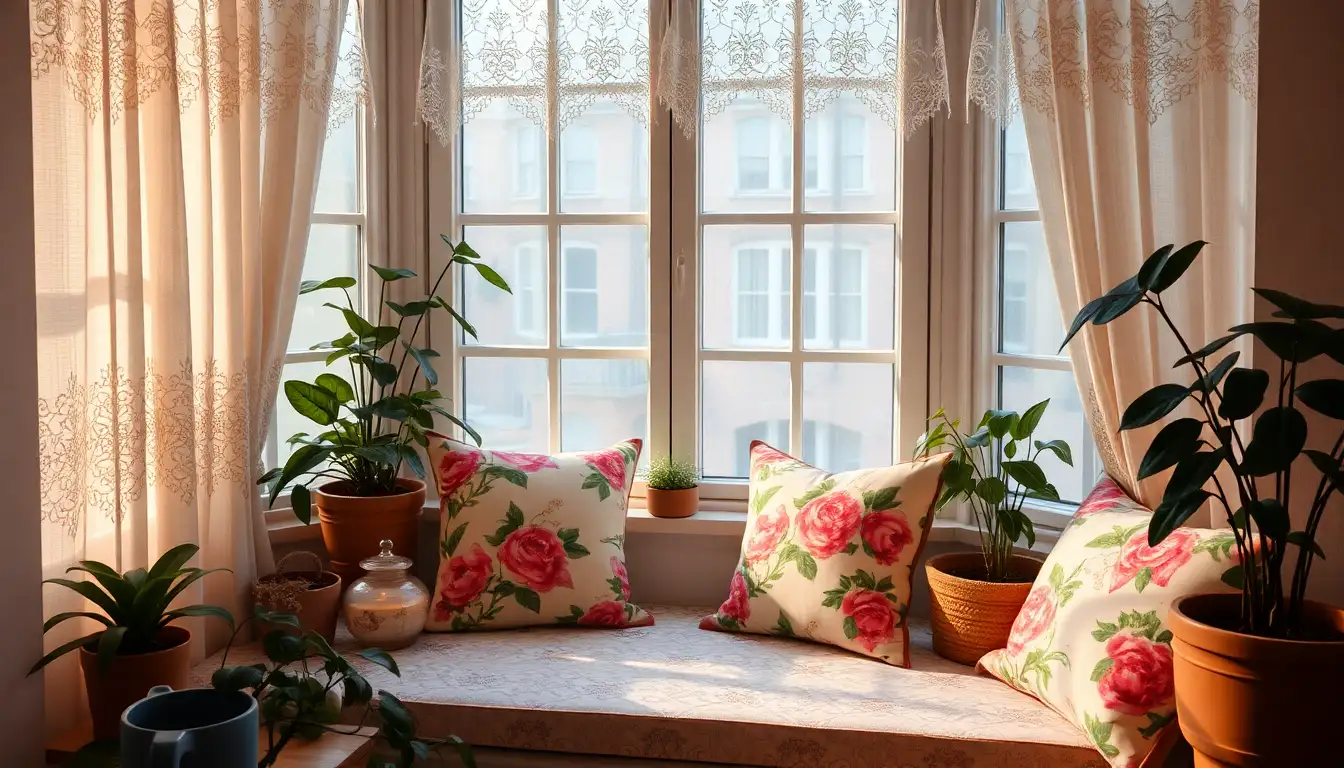 Floral-patterned cushions and potted plants