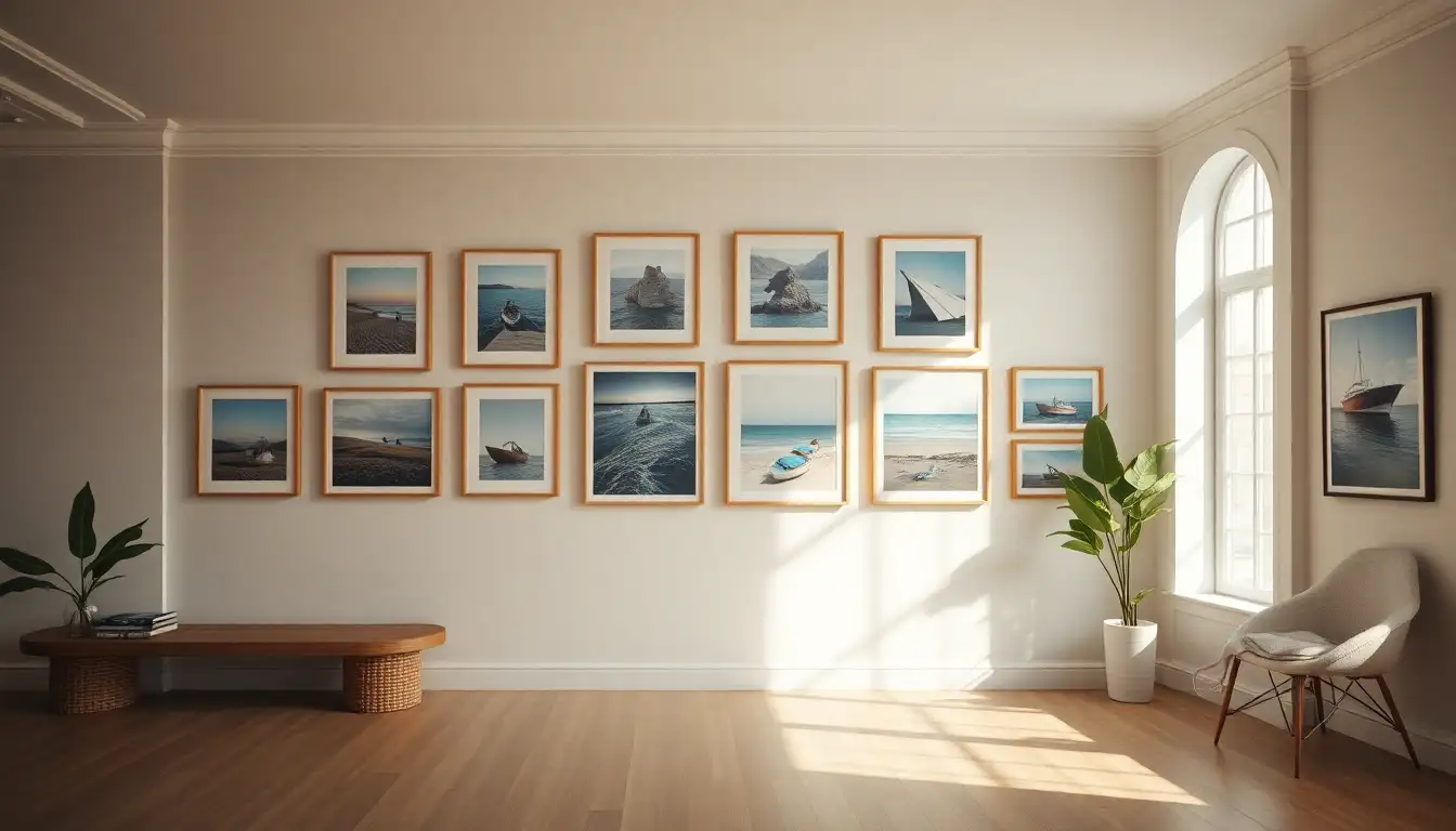 Gallery wall of coastal artwork in natural light