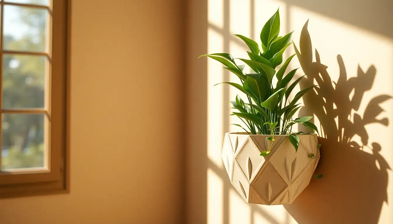 Geometric wall planter with greenery, complementing vintage room aesthetic
