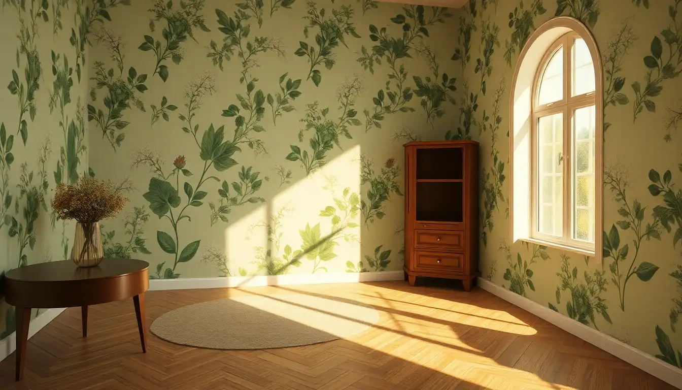 Green floral patterned wallpaper with soft morning light