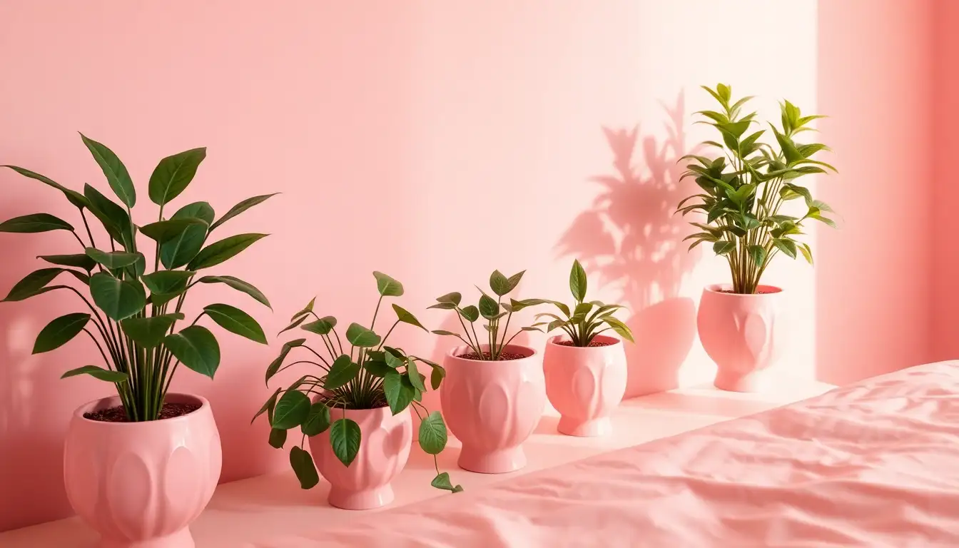Green plants in pink pots in a bedroom.